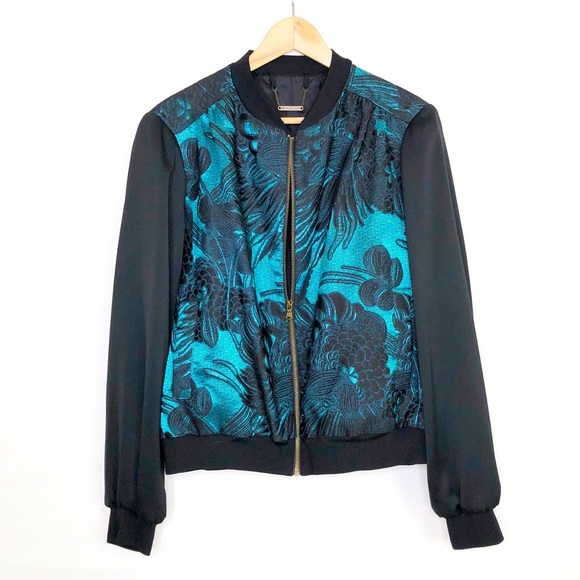 Trina Turk floral jacquard black and emerald green bomber jacket - Picture 2 of 12